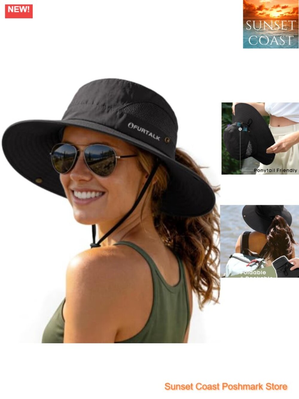 Womens Sun Hat Ponytail Hole Wide Brim UPF 50+ Foldable Bucket Hat